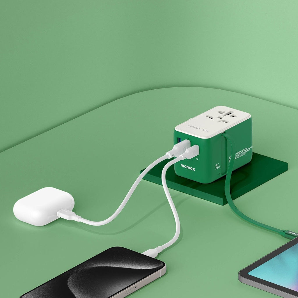 MOMAX 1-WORLD 25W 3 PORT WITH BUILT-IN USB-C CABLE AC TRAVEL ADAPTOR (Color: GREEN)