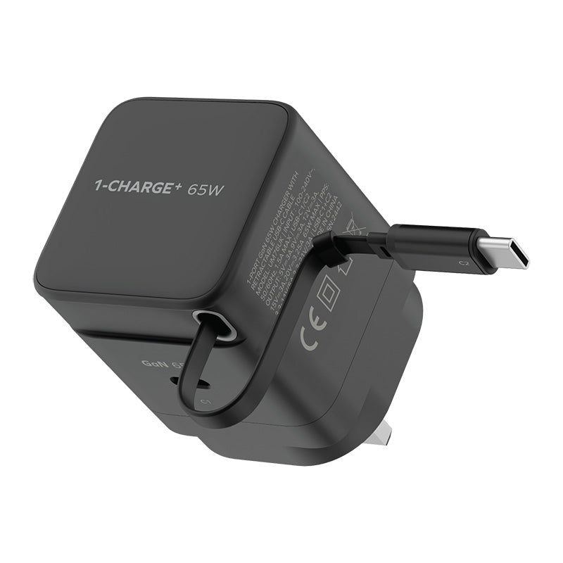شاحن موماكس UM76UKD 1-Charge+ 65 واط GaN بمنفذ واحد مع كابل USB-C قابل للسحب - أسود