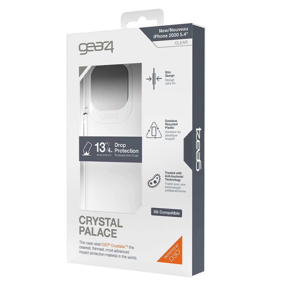 جراب ZAGG Gear4 Crystal Palace الشفاف مع حماية متقدمة من الصدمات [معتمد من D3O]، تصميم نحيف ومتين لهاتف iPhone 12 Mini - شفاف