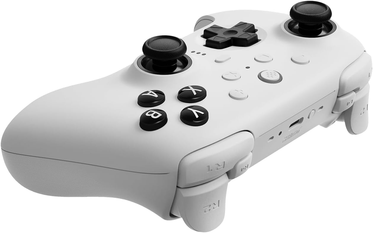 وحدة تحكم 8Bitdo Ultimate 2 بلوتوث لجهاز Switch/Switch 2 وأجهزة الكمبيوتر التي تعمل بنظام Windows، وحدة تحكم Switch Pro مع عصي تحكم TMR، ومشغلات لمسية/تأثير هول قابلة للتبديل، وتحكم في الاهتزاز والحركة - أبيض