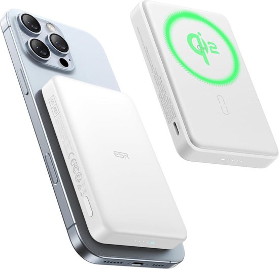 ESR Qi2 MagSlim - بنك طاقة مغناطيسي 15 وات 10,000 مللي أمبير في الساعة - متوافق مع Magsafe وESR Halo Lock - أبيض