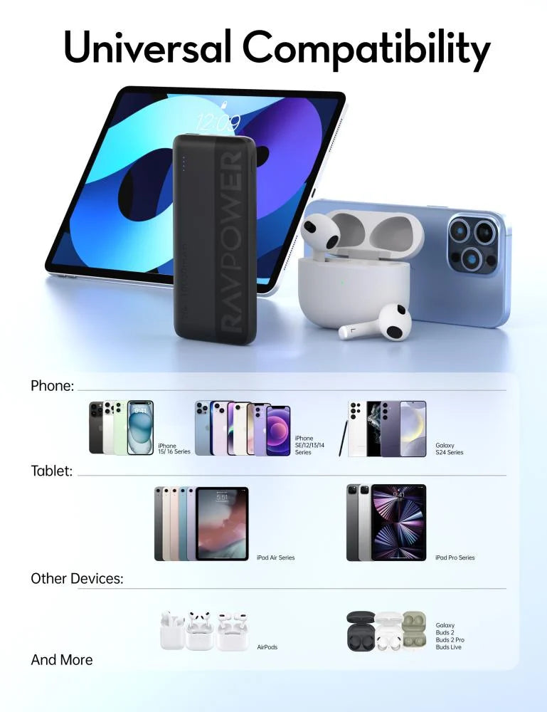 RavPower PD 20W 10000mAh 3-Port Power Bank, Fast Charging, Universal Compatibility - Black