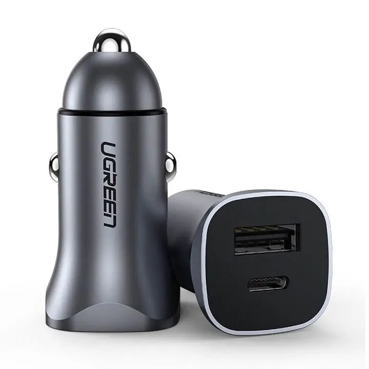 شاحن سيارة يوجرين ثنائي USB-A + USB-C 30 واط مع PD 3.0/QC 3.0 - رمادي 