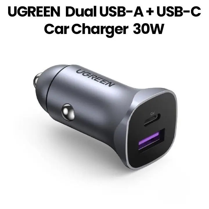 شاحن سيارة يوجرين ثنائي USB-A + USB-C 30 واط مع PD 3.0/QC 3.0 - رمادي 