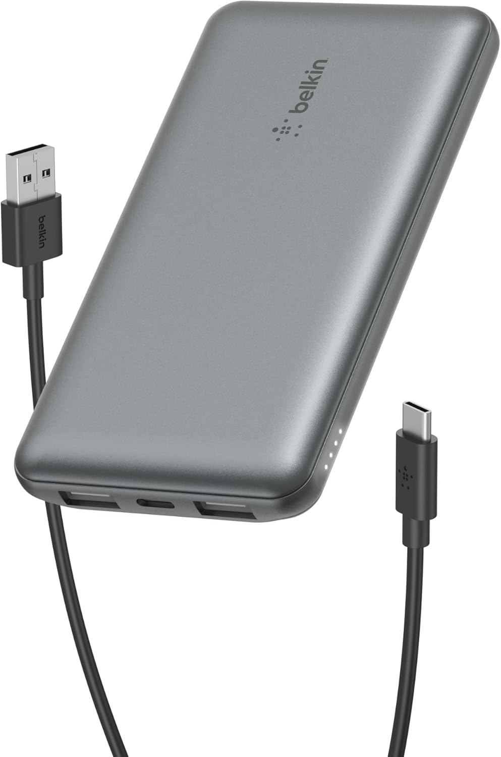 شاحن محمول من Belkin، بنك طاقة USB C بقوة 10000 مللي أمبير/ساعة مع منفذي USB-A، 15 وات مع كابل من النوع C إلى النوع A لأجهزة iPhone 16 و15 وSamsung Galaxy S25 وPixel وiPad وNintendo Switch 2 والمزيد - رمادي