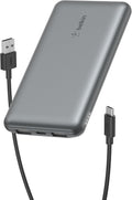 Belkin Portable Charger, USB C Power Bank 10000 mAh w/ 2xUSB-A Ports, 15W w/Type-C to Type-A Cable for Gray