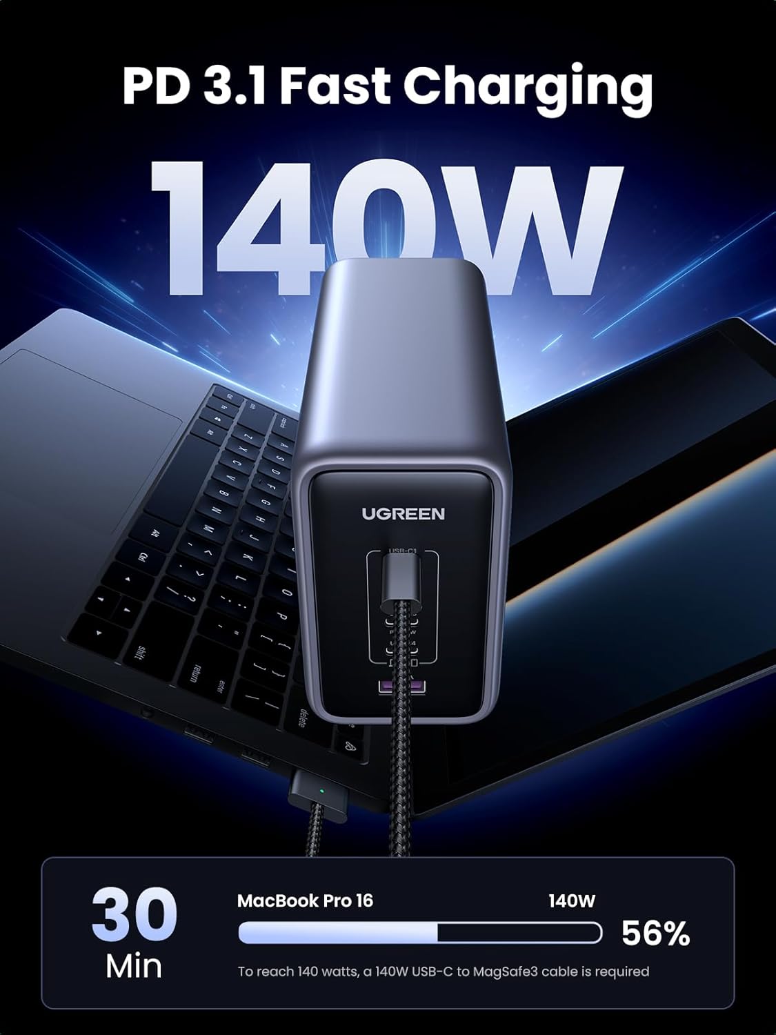 UGREEN Nexode 300W USB C Charger Block، محطة شحن بخمسة منافذ GaN Desktop Charger باللون الأسود