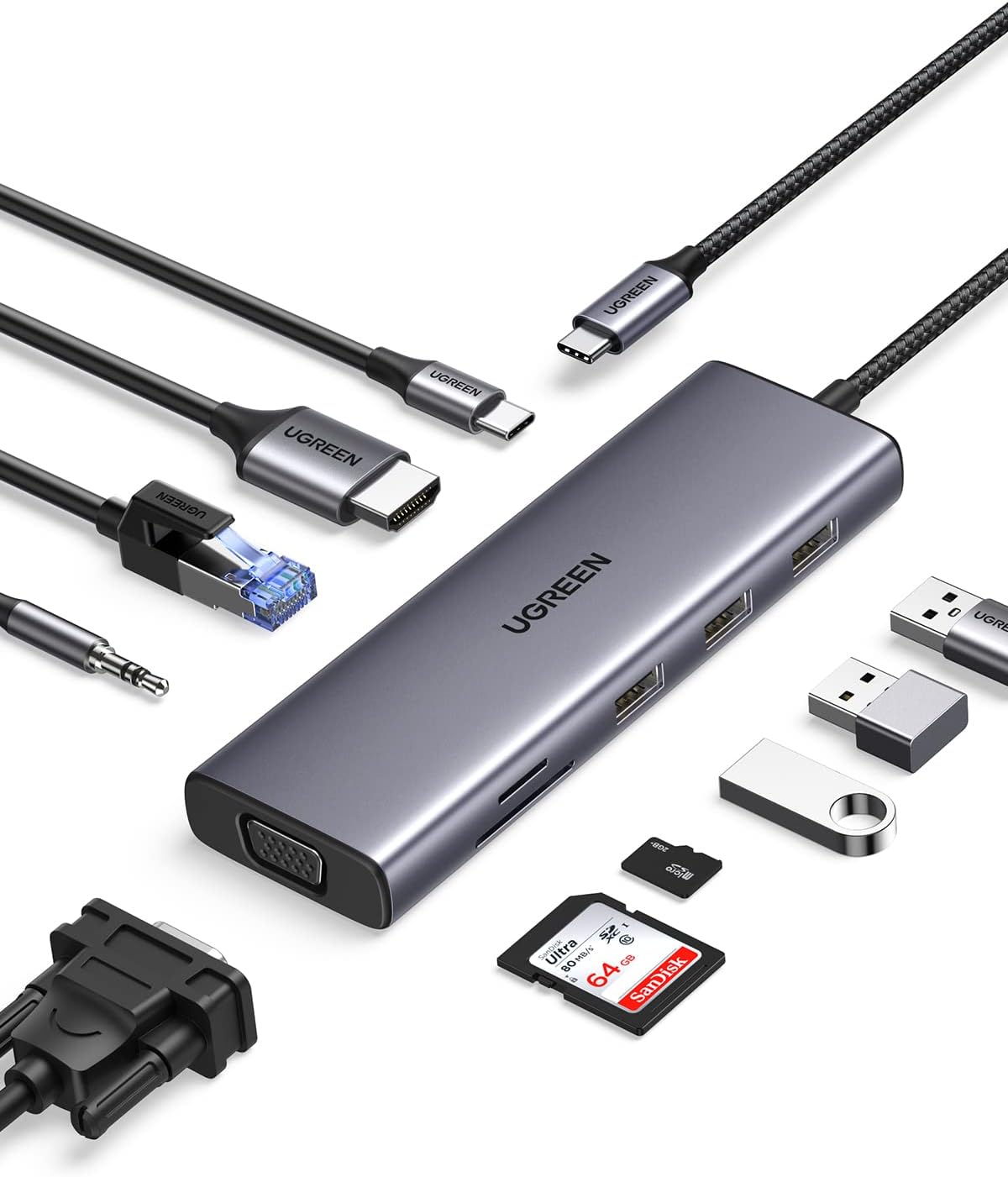 موزع يوجرين USB-C، دونجل USB-C 10 في 1 مع شاشة مزدوجة 4K HDMI وVGA، إيثرنت 1 جيجابت في الثانية، 100 واط PD، 3 منافذ USB 3.0، مقبس صوت 3.5 مم، فتحات بطاقة SD/TF، محول متعدد