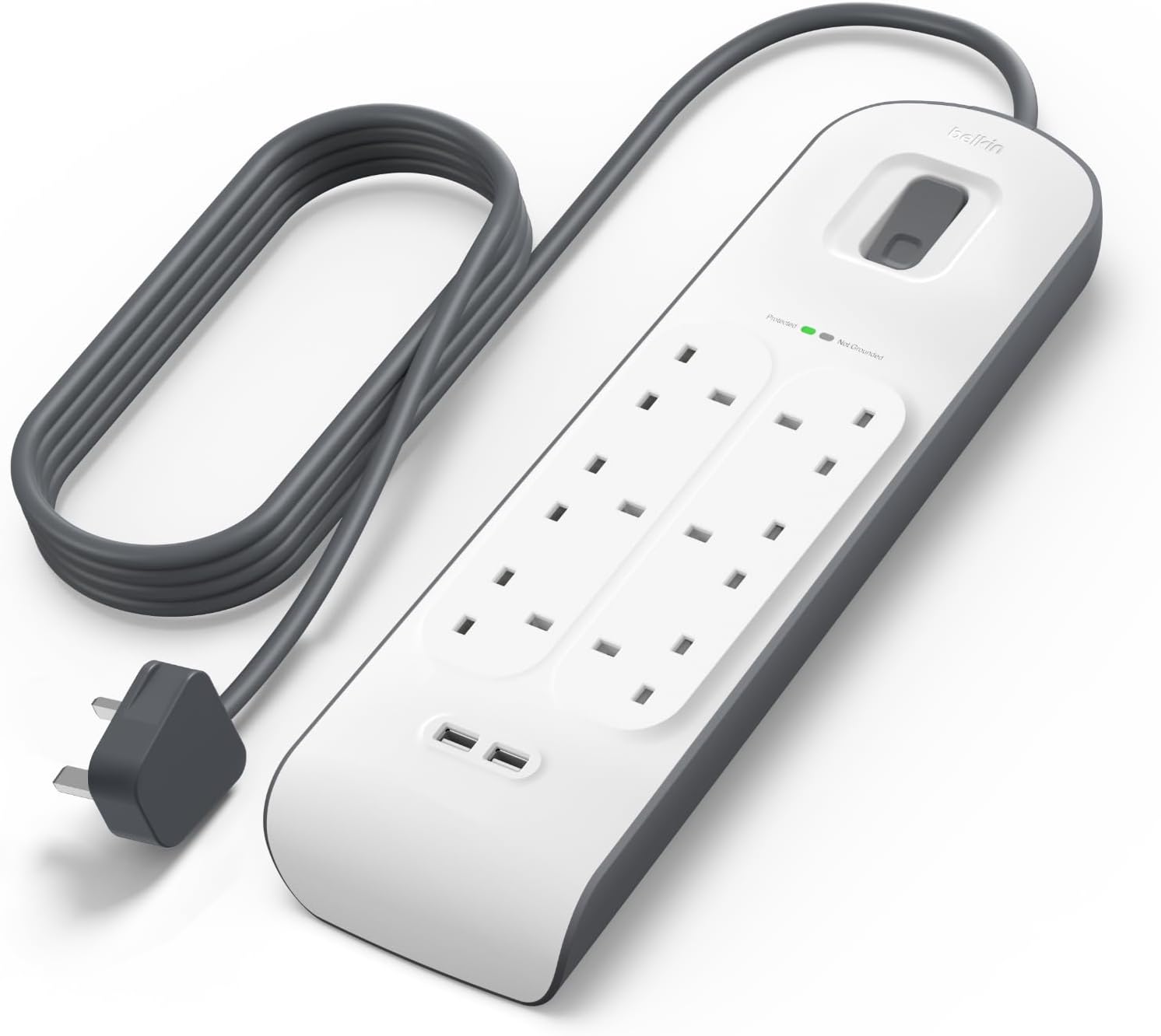 Belkin 6 Way 2 Meter Surge Protection Strip with 2 x 2.4 Ampere USB Charging White