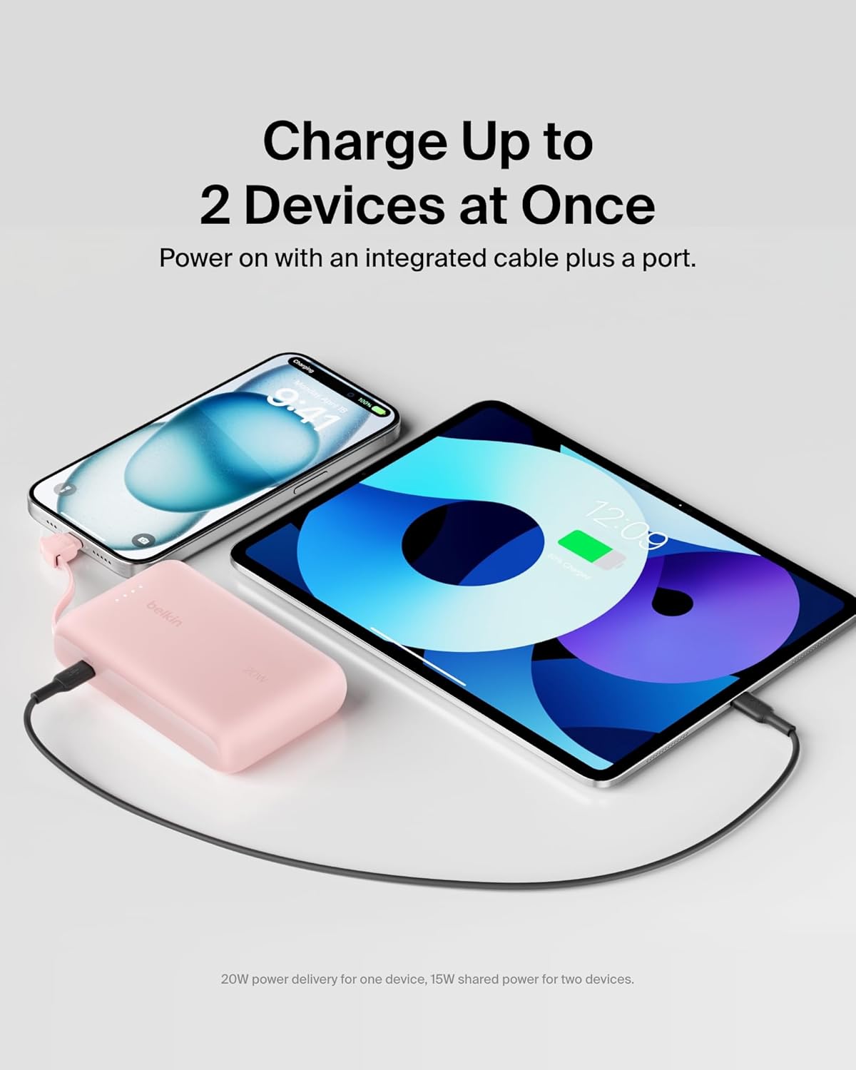 Belkin - BoostCharge Power Bank 10 000 Mah - Power Delivery 20 Watt with USB-C Integrated Cable and USB-C Port - Pink