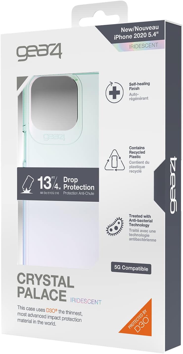 غطاء هاتف Gear4 ZAGG Crystal Palace Iridescent متوافق مع iPhone 12 Mini، حماية متقدمة من الصدمات بتقنية D3O المتكاملة، مضاد للاصفرار
