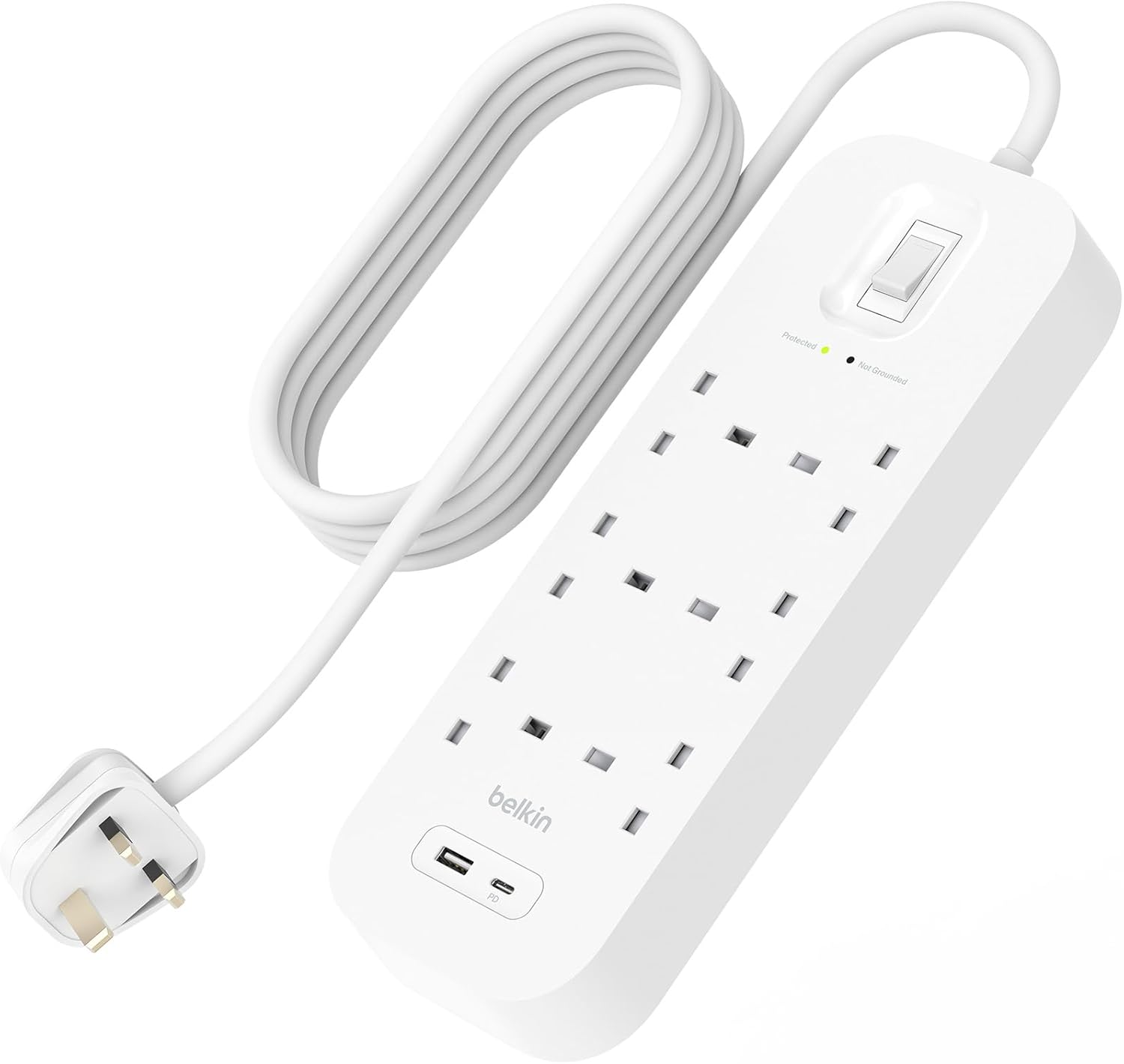 Belkin 6-Outlet Surge Protector Power Strip, Wall-Mountable with 6 AC Outlets, 2M Power Cord White