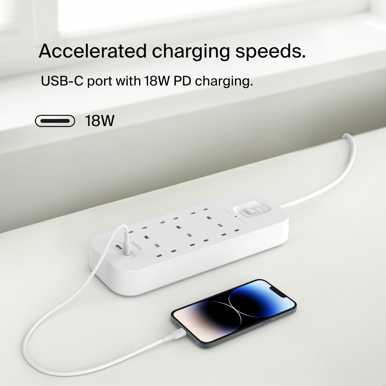 Belkin 6-Outlet Surge Protector Power Strip, Wall-Mountable with 6 AC Outlets, 2M Power Cord White