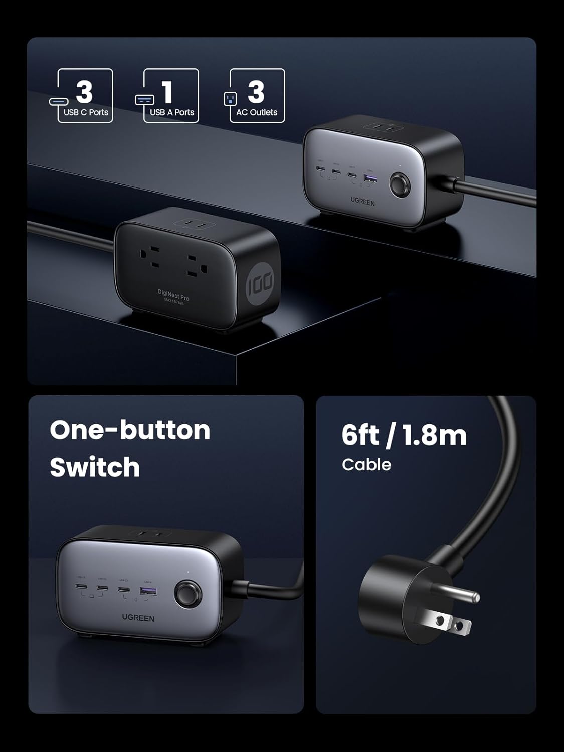 محطة شحن يوجرين ١٠٠ واط USB-C مع منفذ تيار متردد، شريط طاقة Nexode ٧ في ١ GaN للمنزل والمكتب، مع ٣ منافذ تيار متردد، ٣ منافذ USB C ومنفذ USB A، سلك تمديد بطول ٦ أقدام، أسود