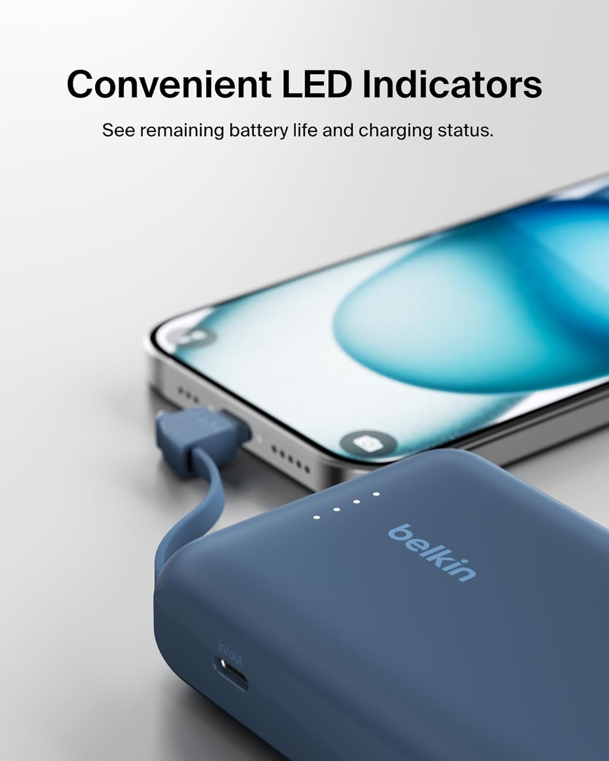 بنك طاقة Belkin BoostCharge 10000 مللي أمبير في الساعة، بنك طاقة محمول مع كابل مدمج PD 20 وات، شحن سريع وتوصيل طاقة USB-C، بنك طاقة سريع الشحن لسلسلة iPhone 16 وiPad Pro وGalaxy S24 والمزيد