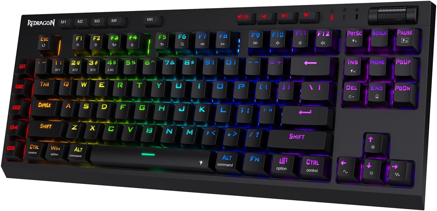 لوحة مفاتيح ميكانيكية Redragon K596RGB-PRO Vishnu Pro - سلكية، لاسلكية بتردد 2.4 جيجاهرتز، وبلوتوث (مفتاح أحمر)