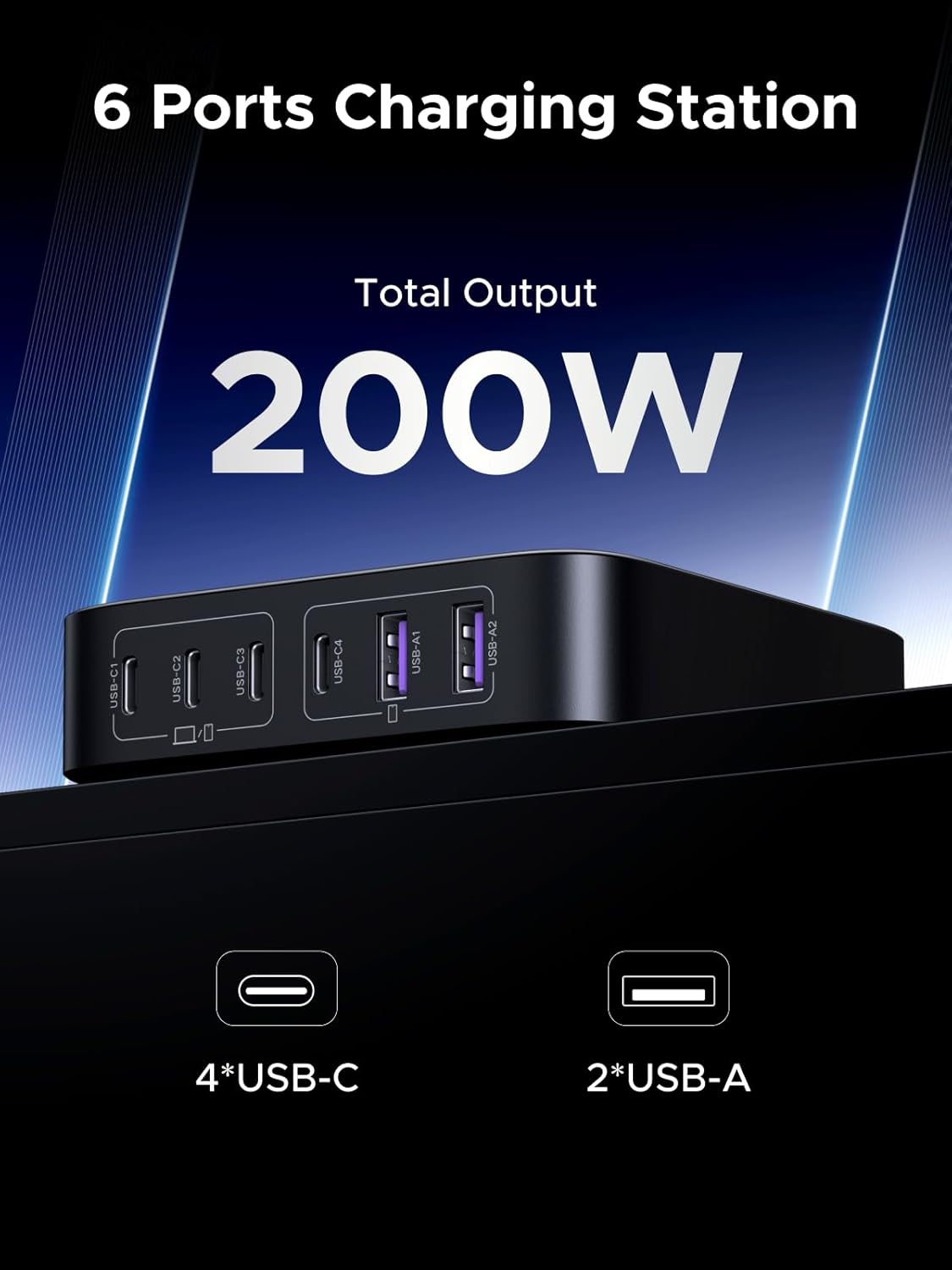 شاحن يو جرين USB C بقوة 200 واط، شاحن نيكسود GaN المكتبي بستة منافذ، محطة شحن USB C باللون الأسود
