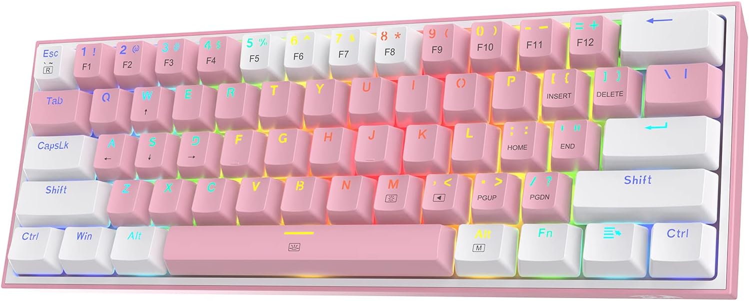 لوحة مفاتيح الألعاب الميكانيكية Redragon K617-R WP Fizz Rainbow - 61 مفتاحًا، سلكية، مفاتيح زرقاء، أبيض/وردي