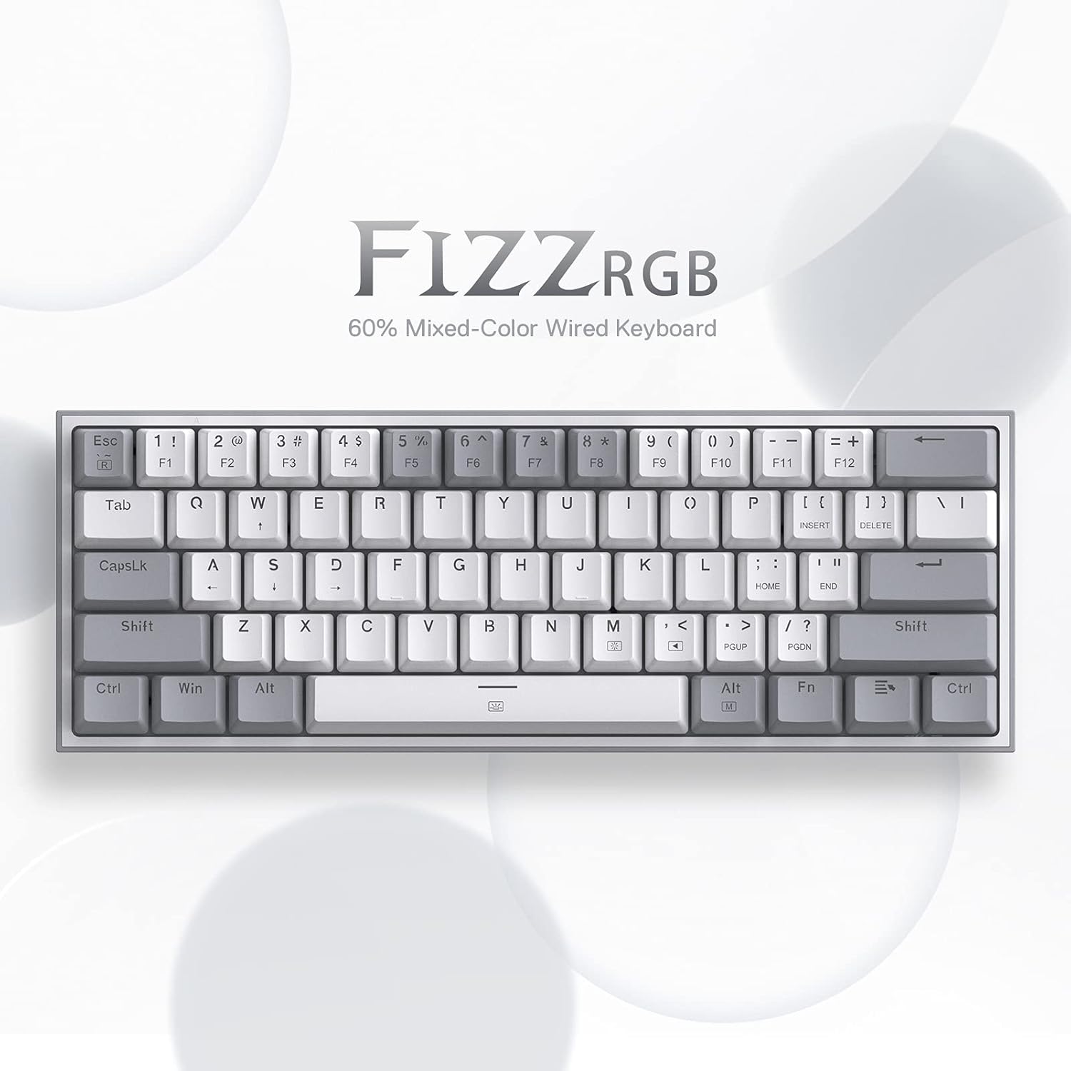 لوحة مفاتيح الألعاب الميكانيكية Redragon K617-RGB WG Fizz RGB - 61 مفتاحًا، سلكية، مفاتيح حمراء، أبيض/رمادي