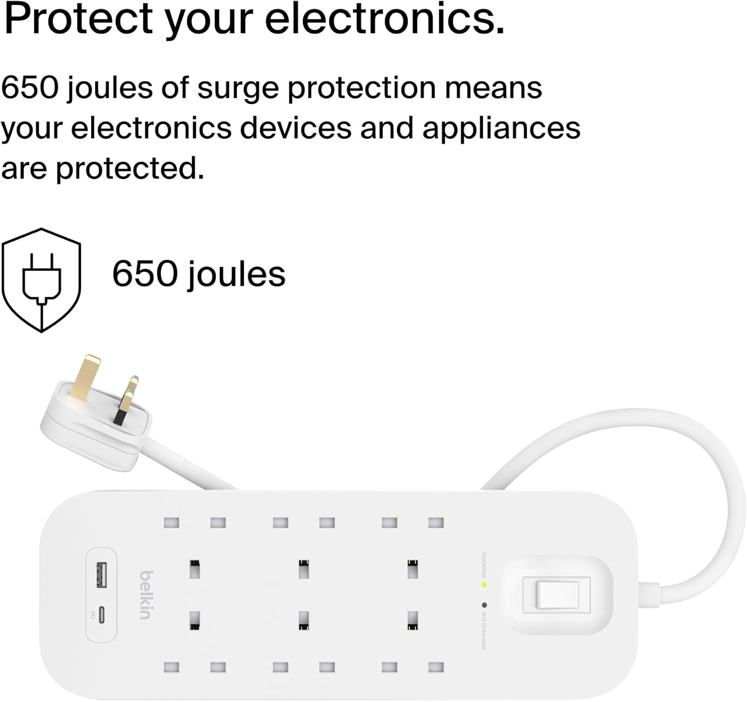 Belkin 6-Outlet Surge Protector Power Strip, Wall-Mountable with 6 AC Outlets, 2M Power Cord White