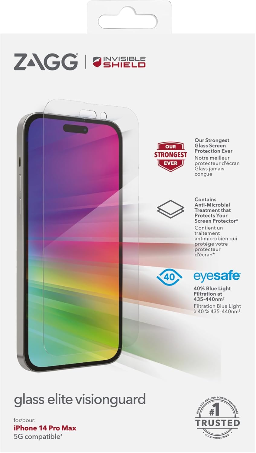 ZAGG InvisibleShield Glass Elite Visionguard Screen Protector Anti Blue Tempered Glass - Case Friendly (14 Pro Max)