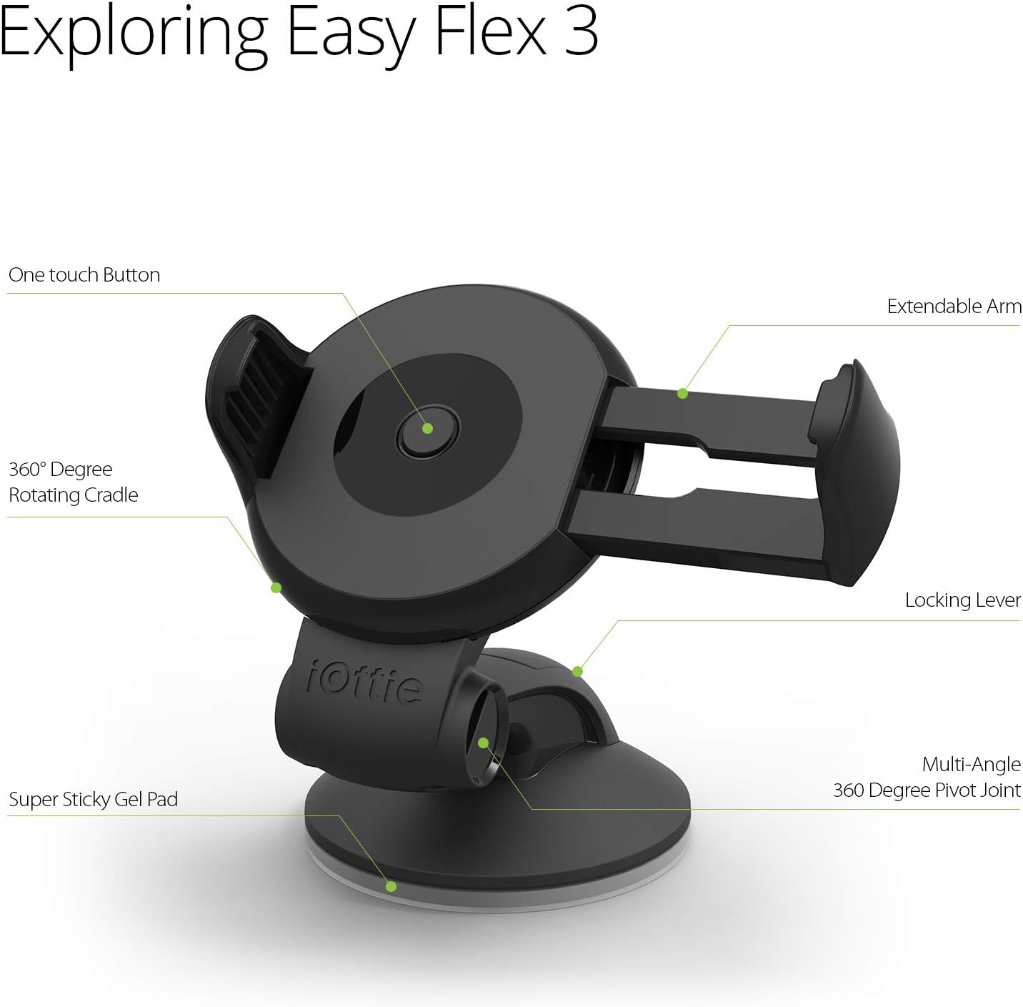 iOttie Easy Flex 3 Car Mount Holder for iPhone 7/6s/6, Samsung Galaxy S9 S9 Plus S8 Edge S7 S6 - Retail Packaging – Black