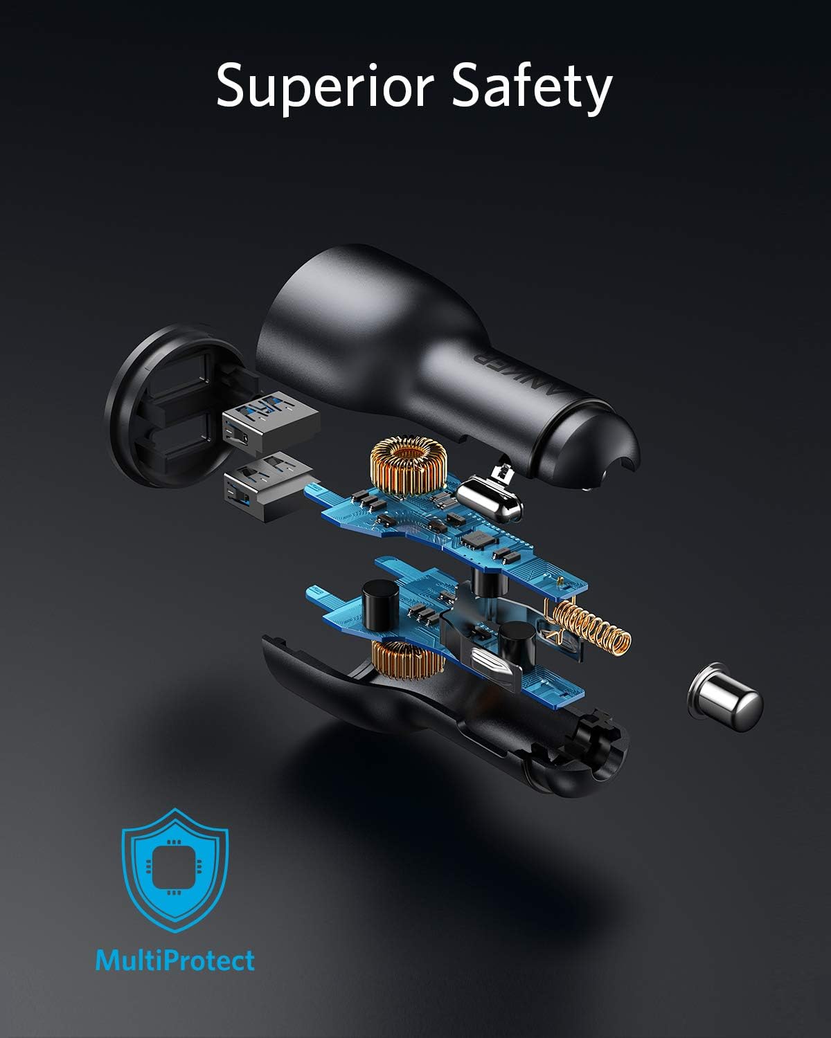 شاحن سيارة Anker PowerDrive III ثنائي المنفذ 36 واط من سبائك الألومنيوم - أسود 