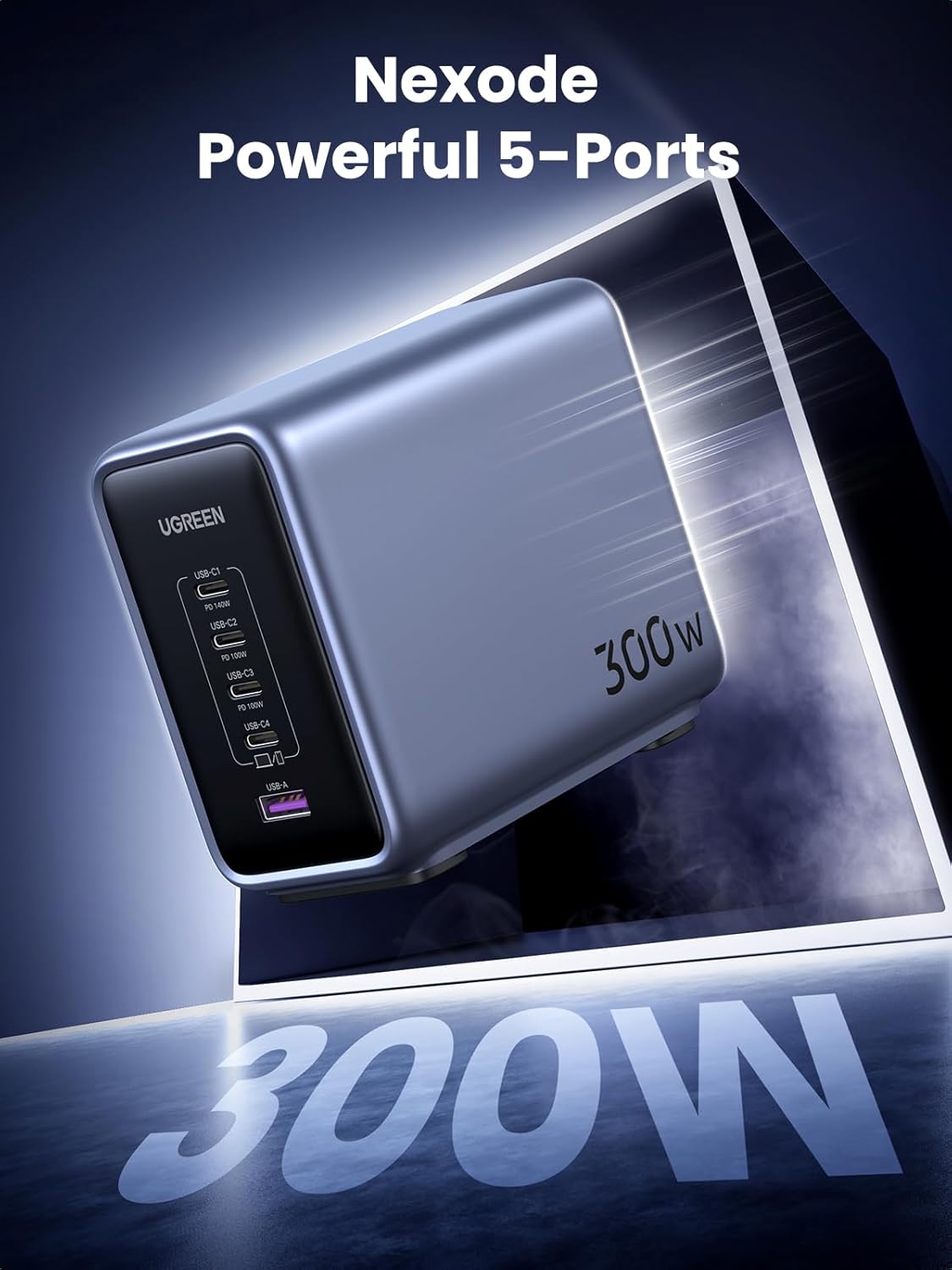 UGREEN Nexode 300W USB C Charger Block، محطة شحن بخمسة منافذ GaN Desktop Charger باللون الأسود