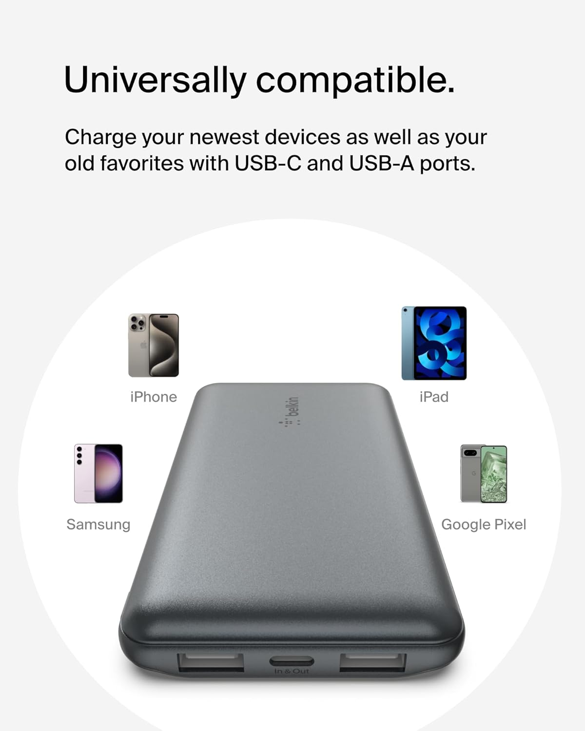 شاحن محمول من Belkin، بنك طاقة USB C بقوة 10000 مللي أمبير/ساعة مع منفذي USB-A، 15 وات مع كابل من النوع C إلى النوع A لأجهزة iPhone 16 و15 وSamsung Galaxy S25 وPixel وiPad وNintendo Switch 2 والمزيد - رمادي