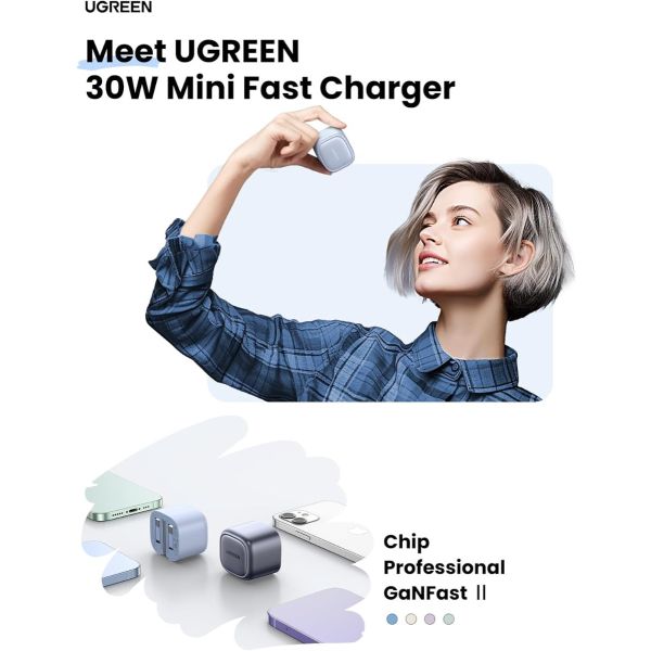 شاحن UGREEN Nexode 30W USB-C PD GaN سريع المملكة المتحدة أبيض