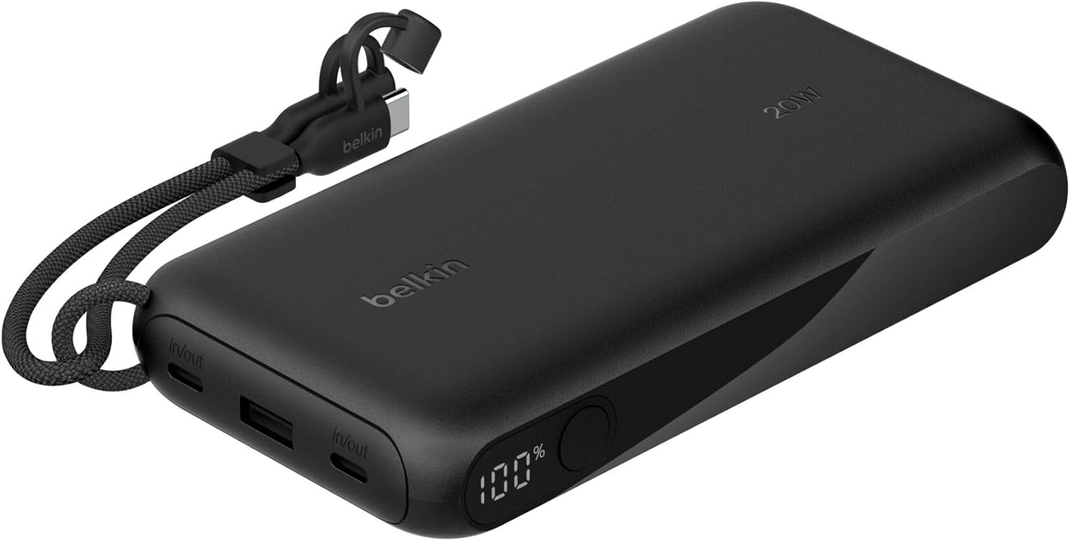شاحن محمول من Belkin، بنك طاقة USB-C سعة 20,000 مللي أمبير/ساعة مع منفذين من النوع C ومنفذ USB-A واحد باللون الأسود 