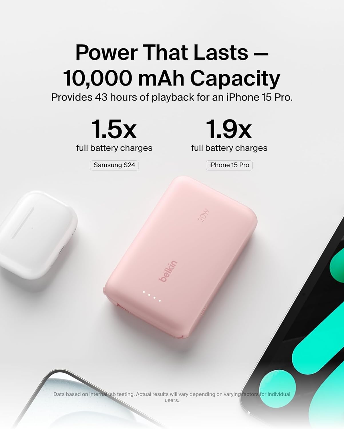 Belkin - BoostCharge Power Bank 10 000 Mah - Power Delivery 20 Watt with USB-C Integrated Cable and USB-C Port - Pink