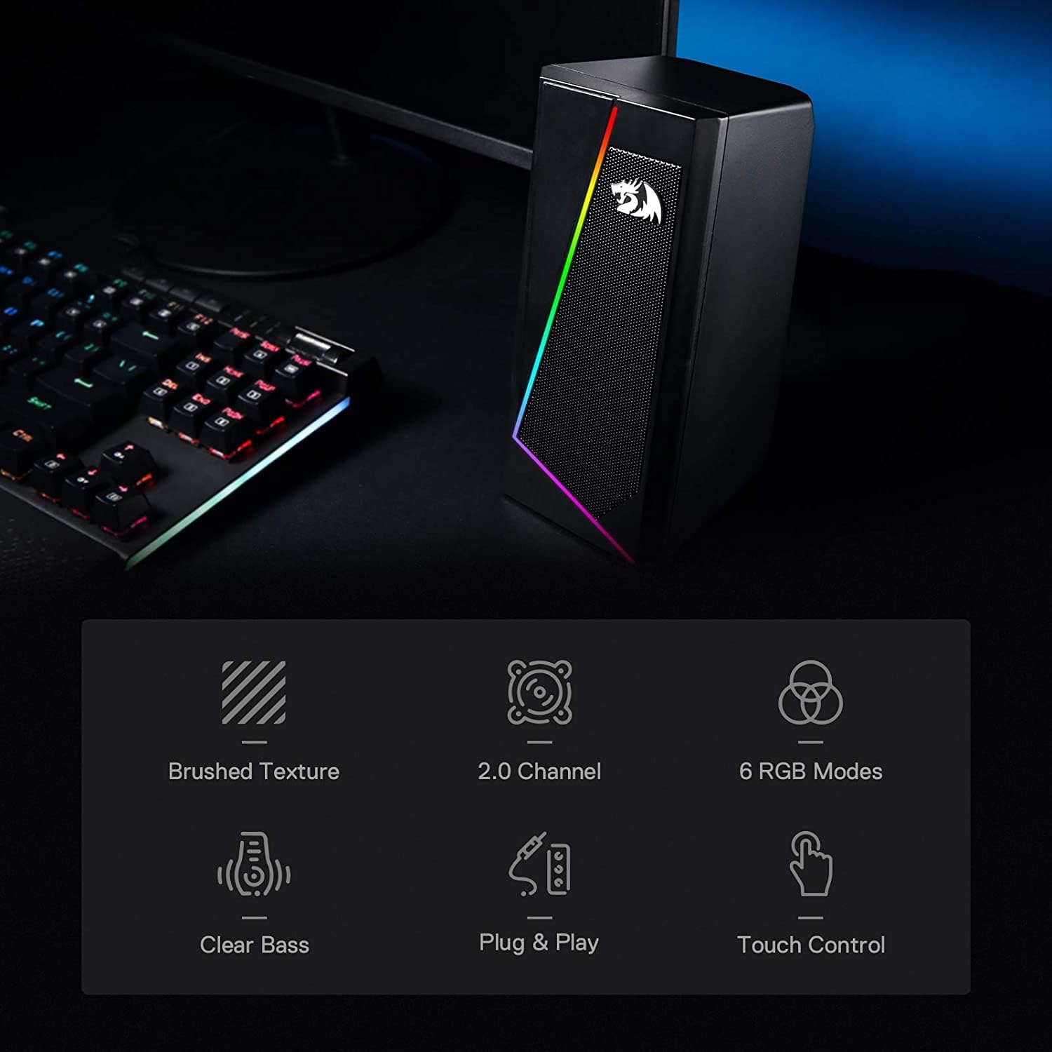 مكبرات صوت سطح المكتب Redragon GS520 Anvil RGB، مكبر صوت ستيريو للكمبيوتر الشخصي بقناتين مع 6 أوضاع LED ملونة