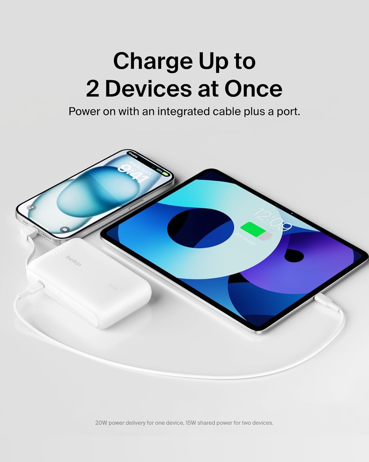 Belkin Fast Charge, Portable with Integrated Cable 10K PD 20W - Fast Charge -C Power Delivery, iPhone Fast Charging for iPhone 16 Series, iPad Pro, Galaxy S24, More