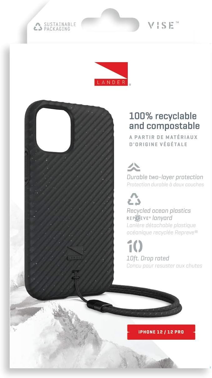 Lander Vise, Extreme Drop Resistance Case for iPhone 12 Pro Max, Biodegradable with Lanyard (Black)