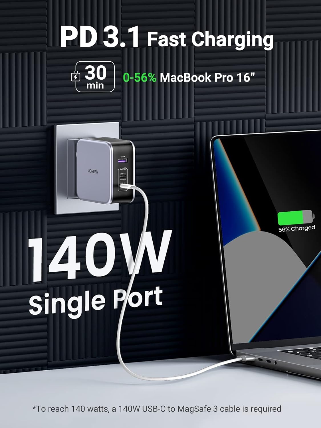 شاحن سريع أخضر USB-A + 2 USB-C 140 واط GaN Tech مع كابل C إلى C بطول 1.5 متر رمادي