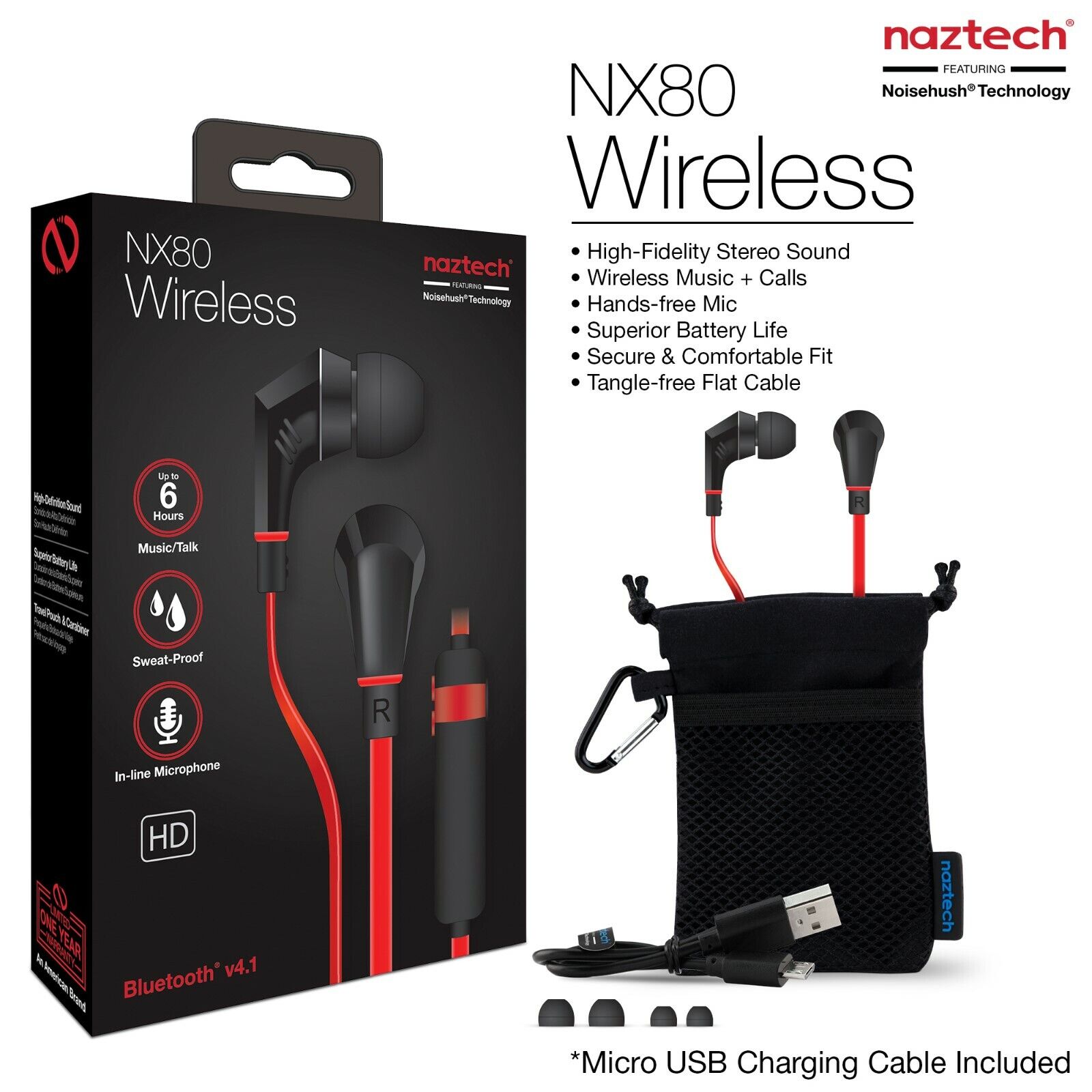 New NoiseHush Naztech NX80 Black/Red In-Ear Headsets Bluetooth Earphones Earbuds