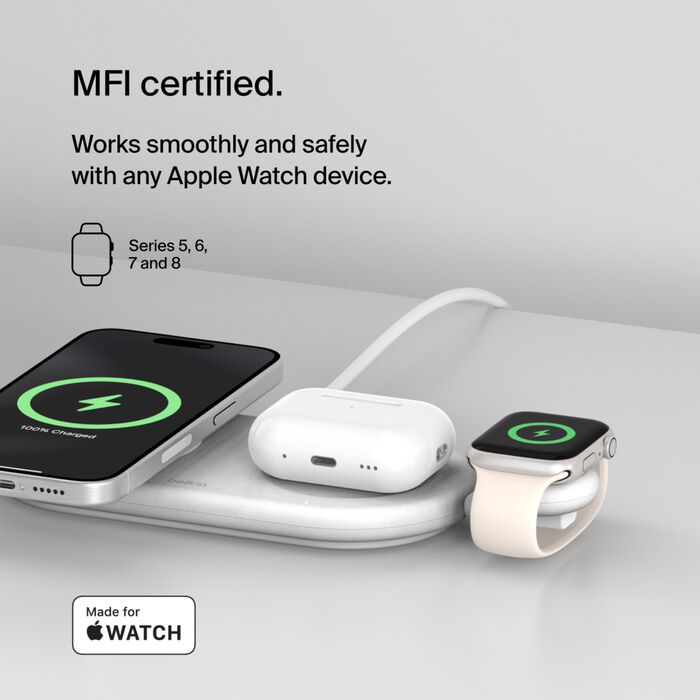 Belkin Boost Charge Pro Portable USB-C Apple Watch Charger MFi Certified for Apple Watch White