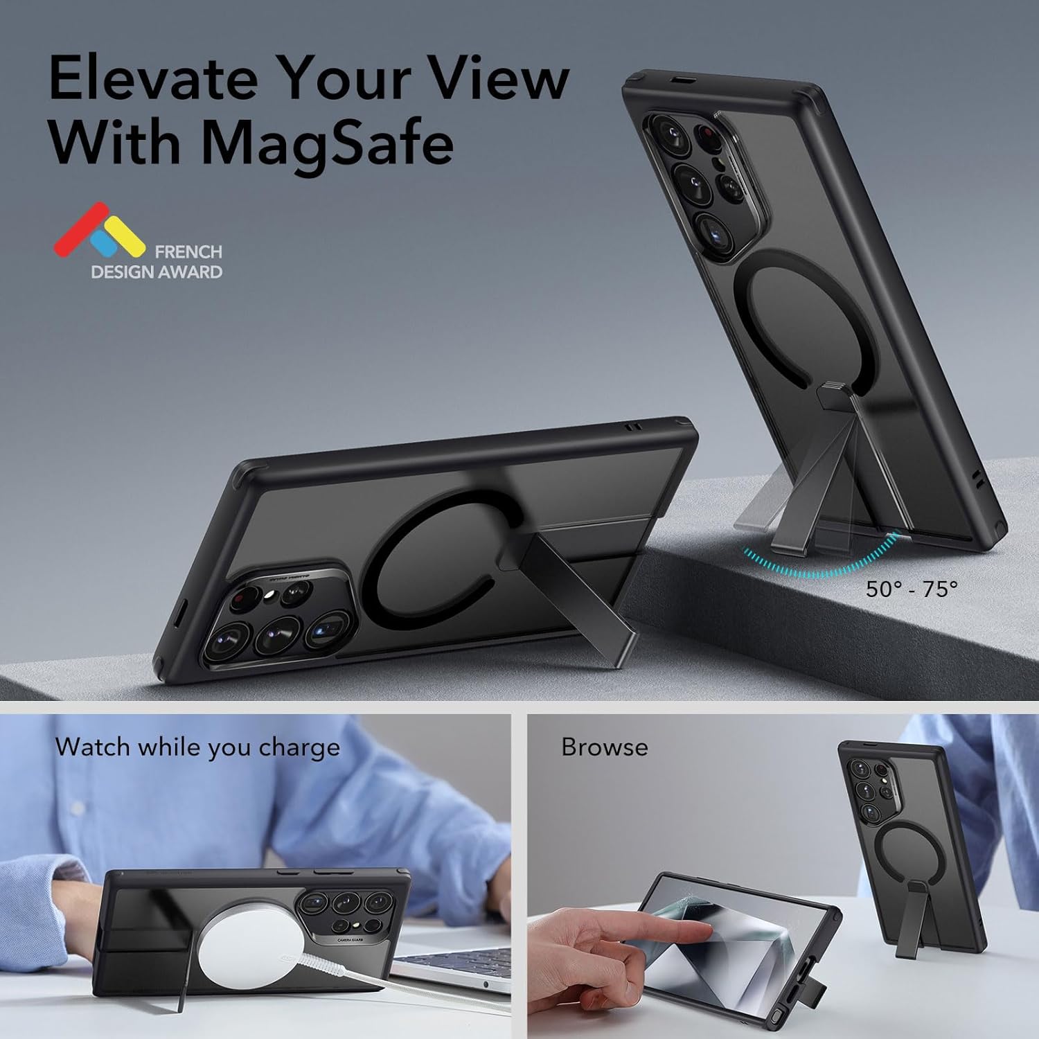 جراب ESR لهاتف Samsung S24 Ultra مزود بحامل، متوافق مع MagSafe Frosted Black