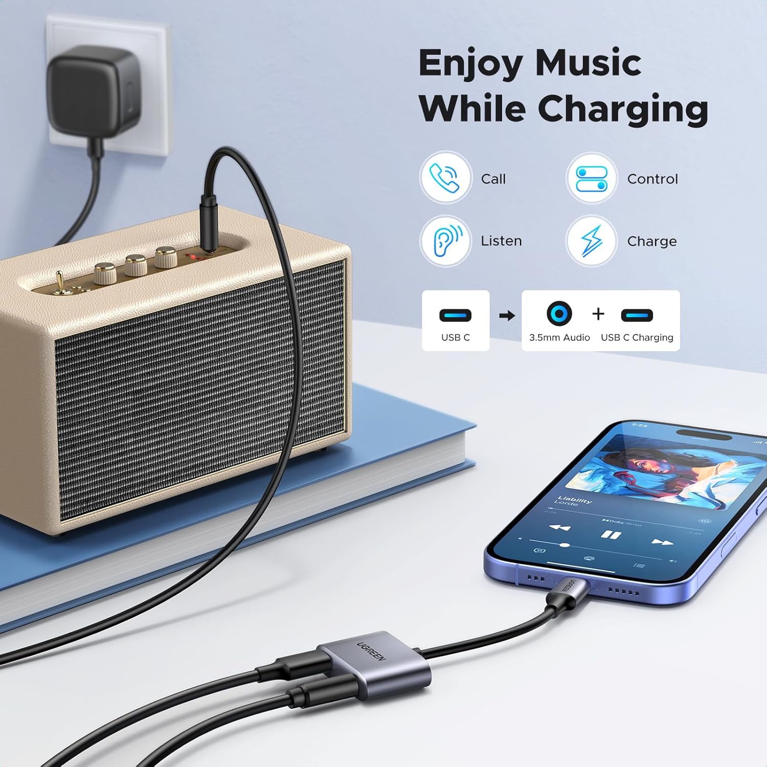 موزع يوجرين USB-C بمنفذين + صوت 3.5 مم أسود