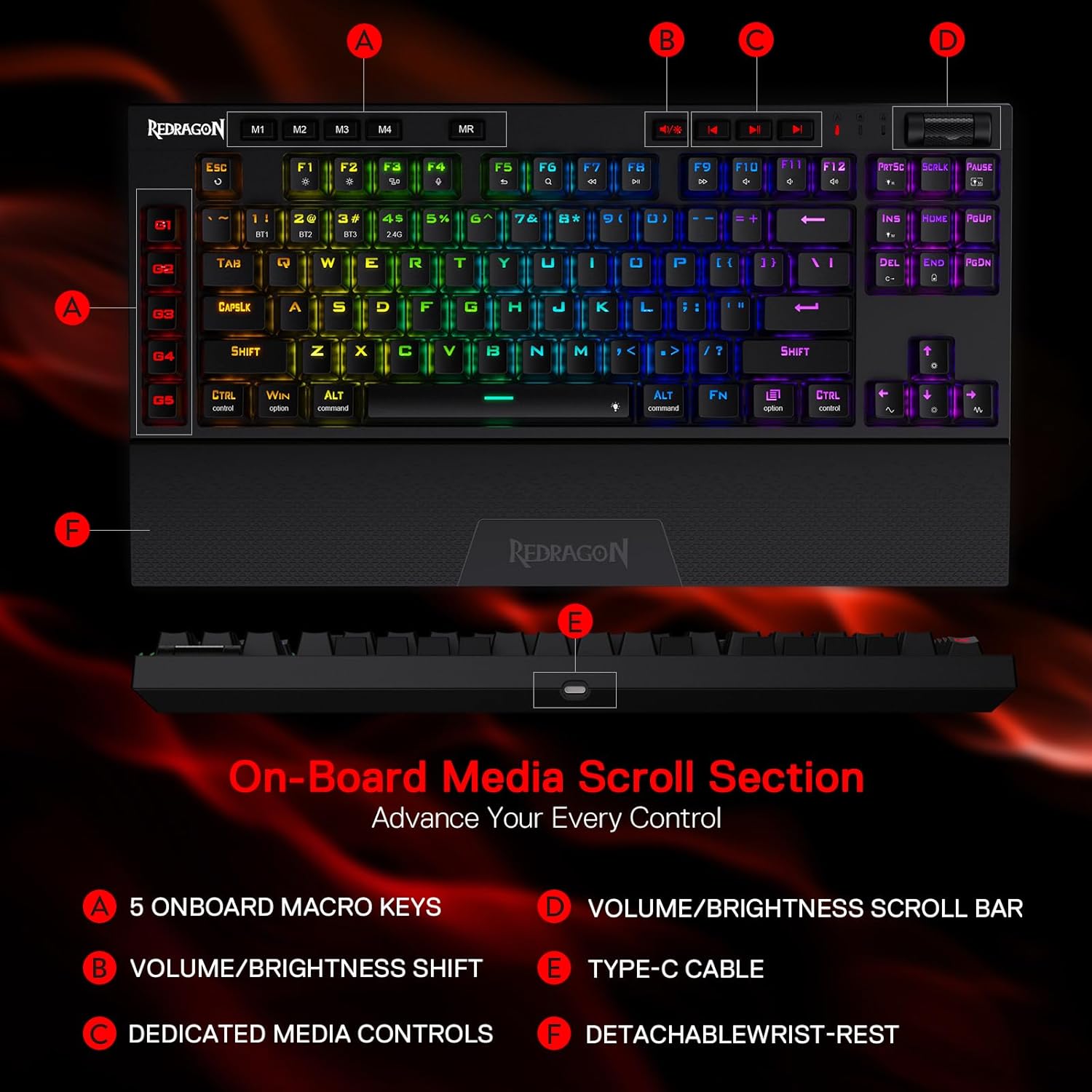لوحة مفاتيح ميكانيكية Redragon K596RGB-PRO Vishnu Pro - سلكية، لاسلكية بتردد 2.4 جيجاهرتز، وبلوتوث (مفتاح أحمر)