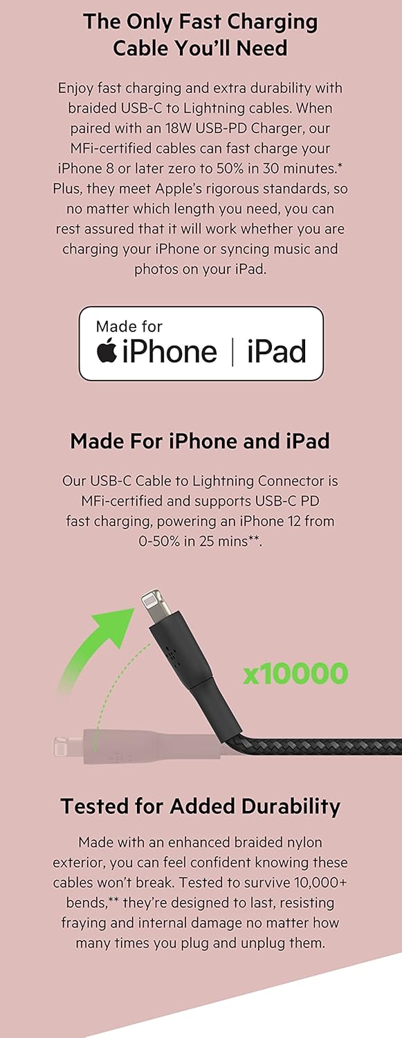 Belkin Apple Certified Braided Lightning to USB-C Charge and Sync Cable 6.6 Feet /2 M White