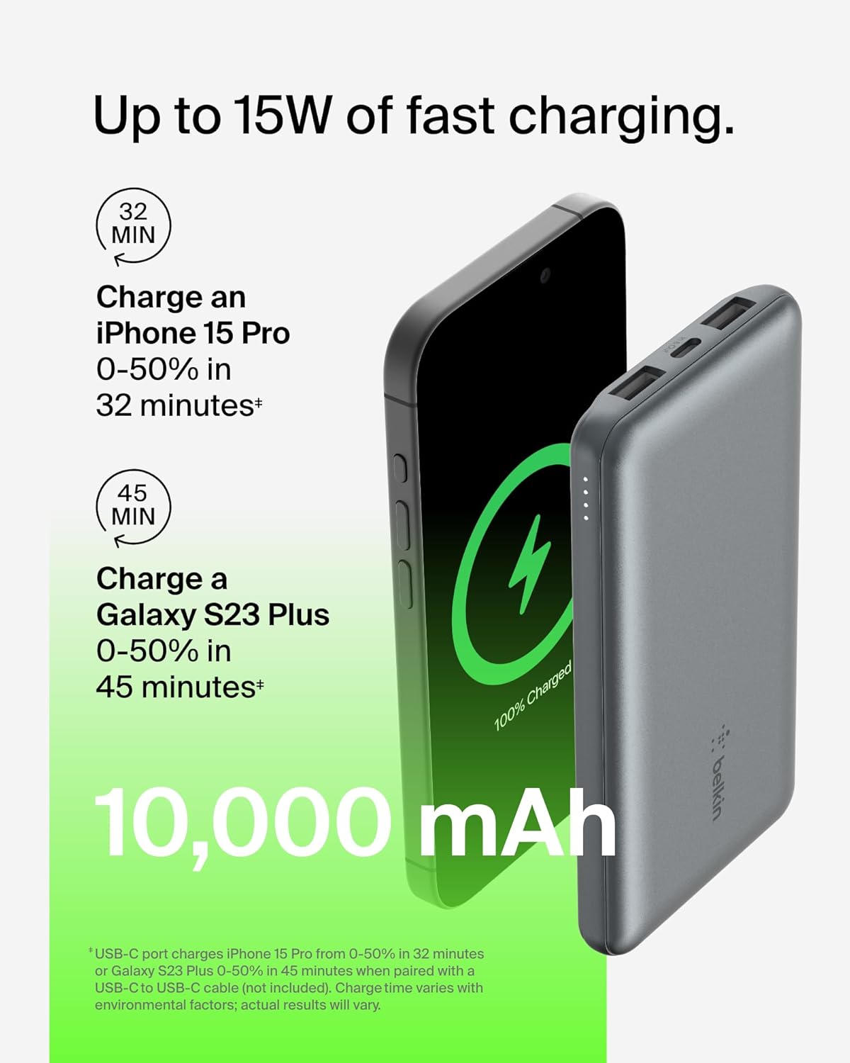 شاحن محمول من Belkin، بنك طاقة USB C بقوة 10000 مللي أمبير/ساعة مع منفذي USB-A، 15 وات مع كابل من النوع C إلى النوع A لأجهزة iPhone 16 و15 وSamsung Galaxy S25 وPixel وiPad وNintendo Switch 2 والمزيد - رمادي