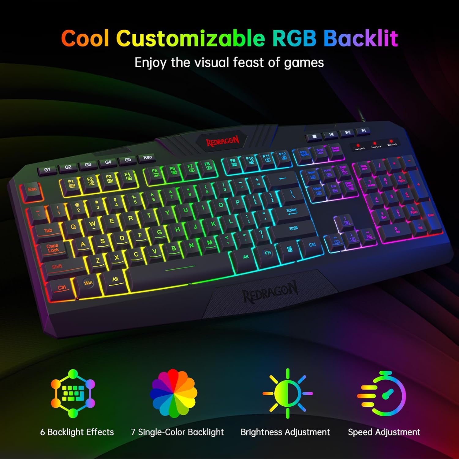 مجموعة Redragon 4 في 1 S101-BA-2: لوحة مفاتيح K503A-RGB، ماوس M601، سماعة رأس H120، ولوحة ماوس P016