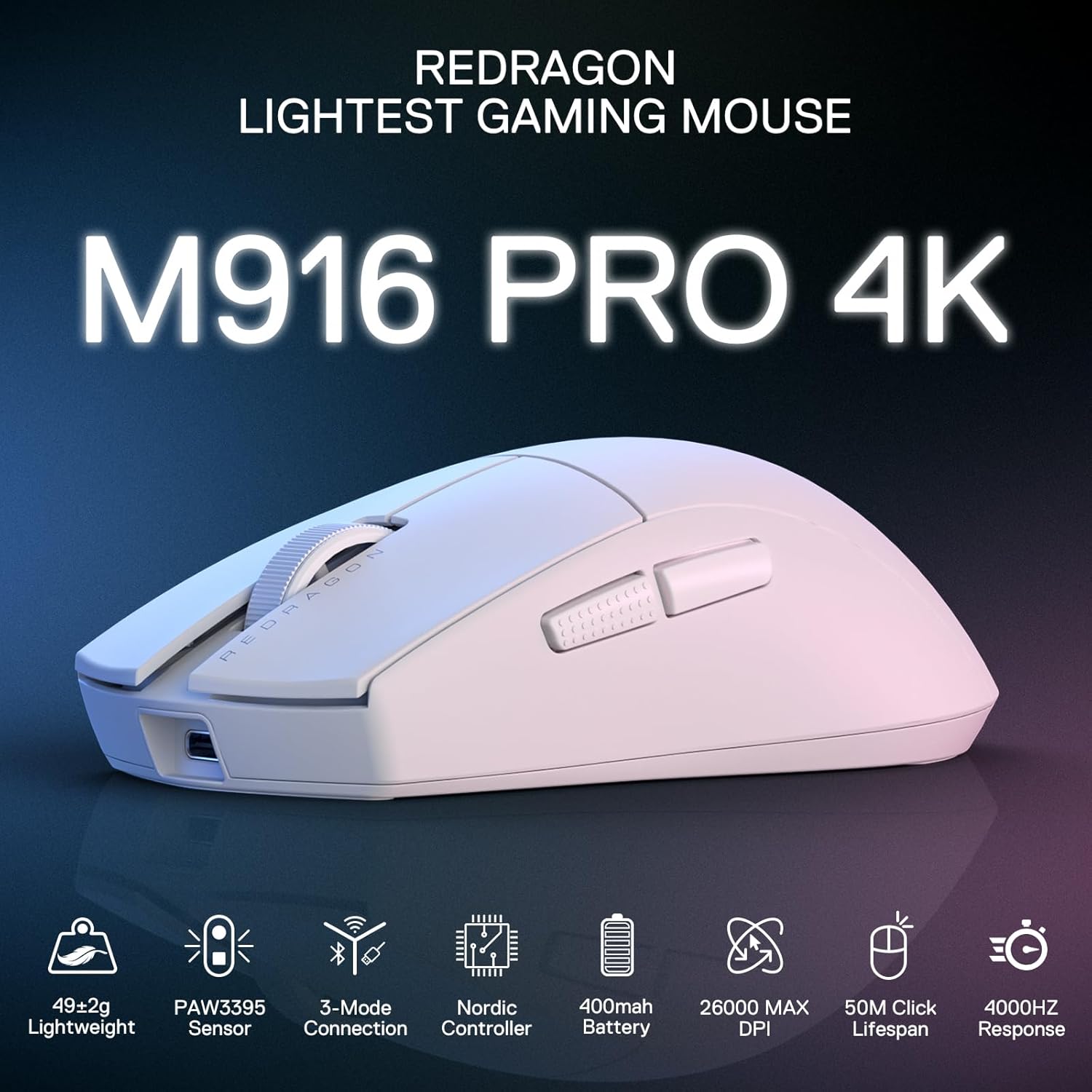 ماوس الألعاب Redragon K1NG PRO 4K ثلاثي الأوضاع فائق الخفة (أبيض)