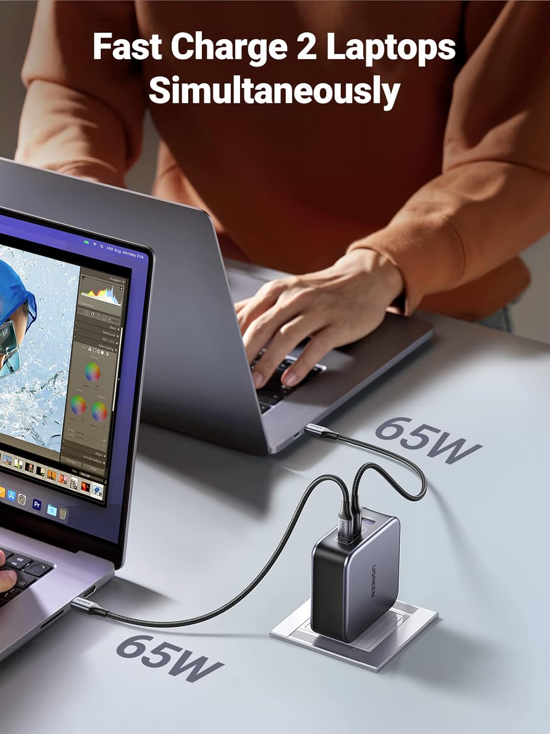 شاحن سريع أخضر USB-A + 2 USB-C 140 واط GaN Tech مع كابل C إلى C بطول 1.5 متر رمادي