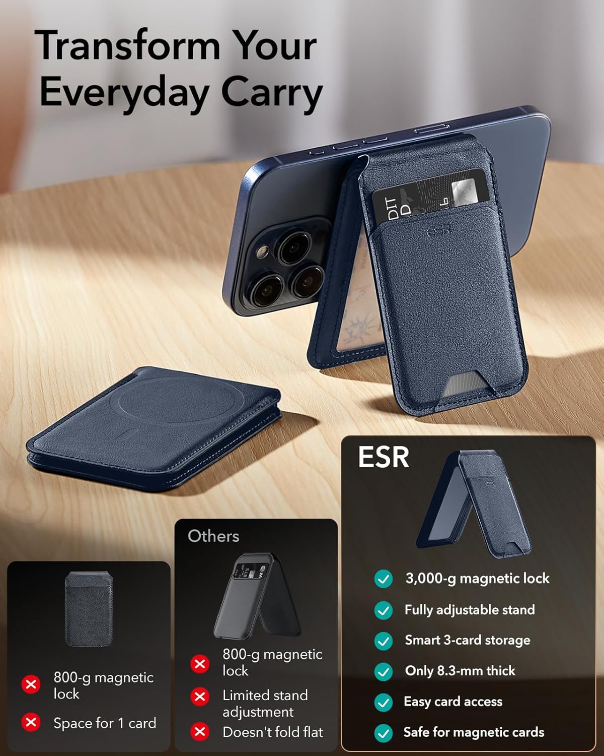 حامل محفظة من الجلد النباتي من ESR Halo Lock MagSafe باللون الأزرق الداكن