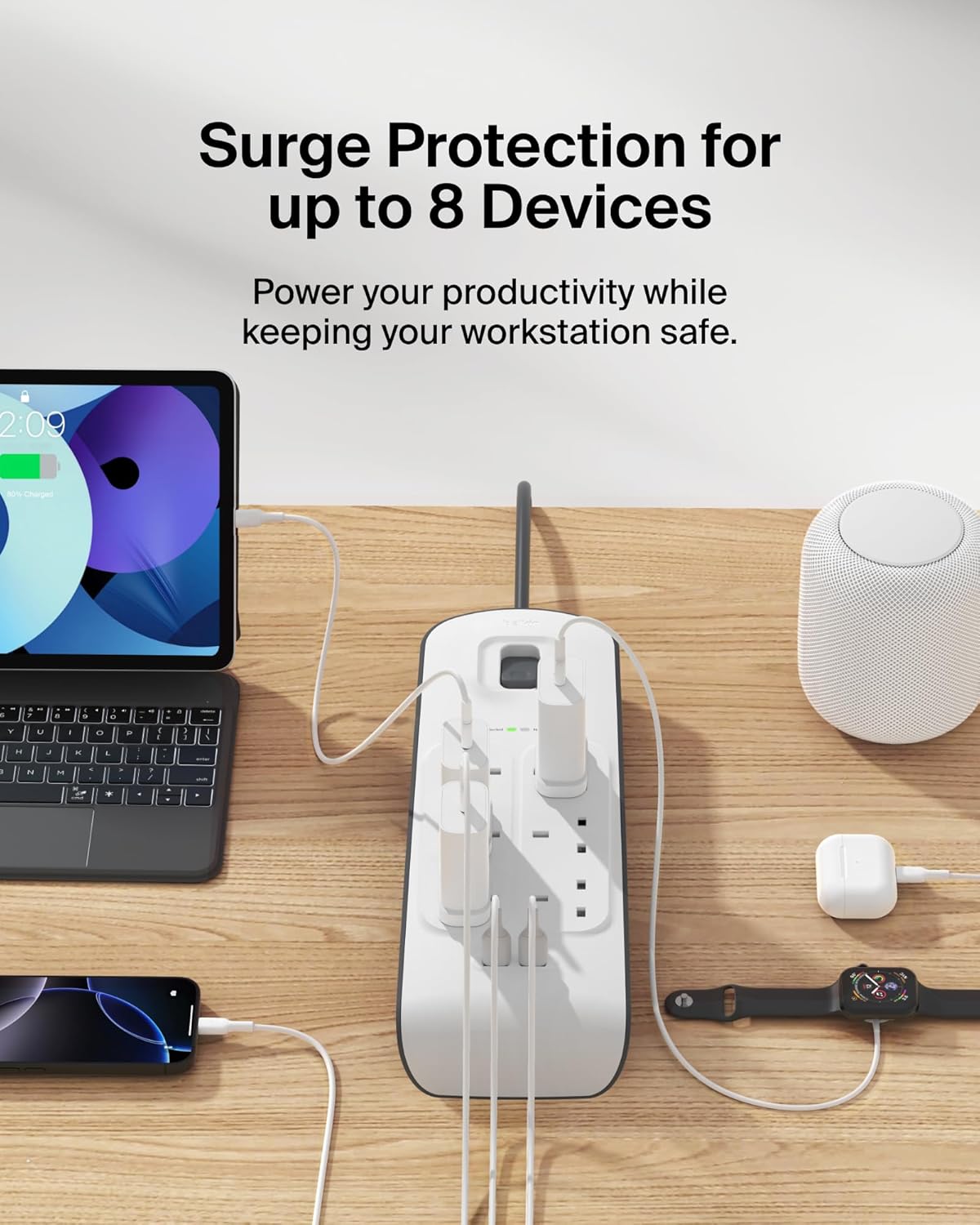 Belkin 6 Way 2 Meter Surge Protection Strip with 2 x 2.4 Ampere USB Charging White