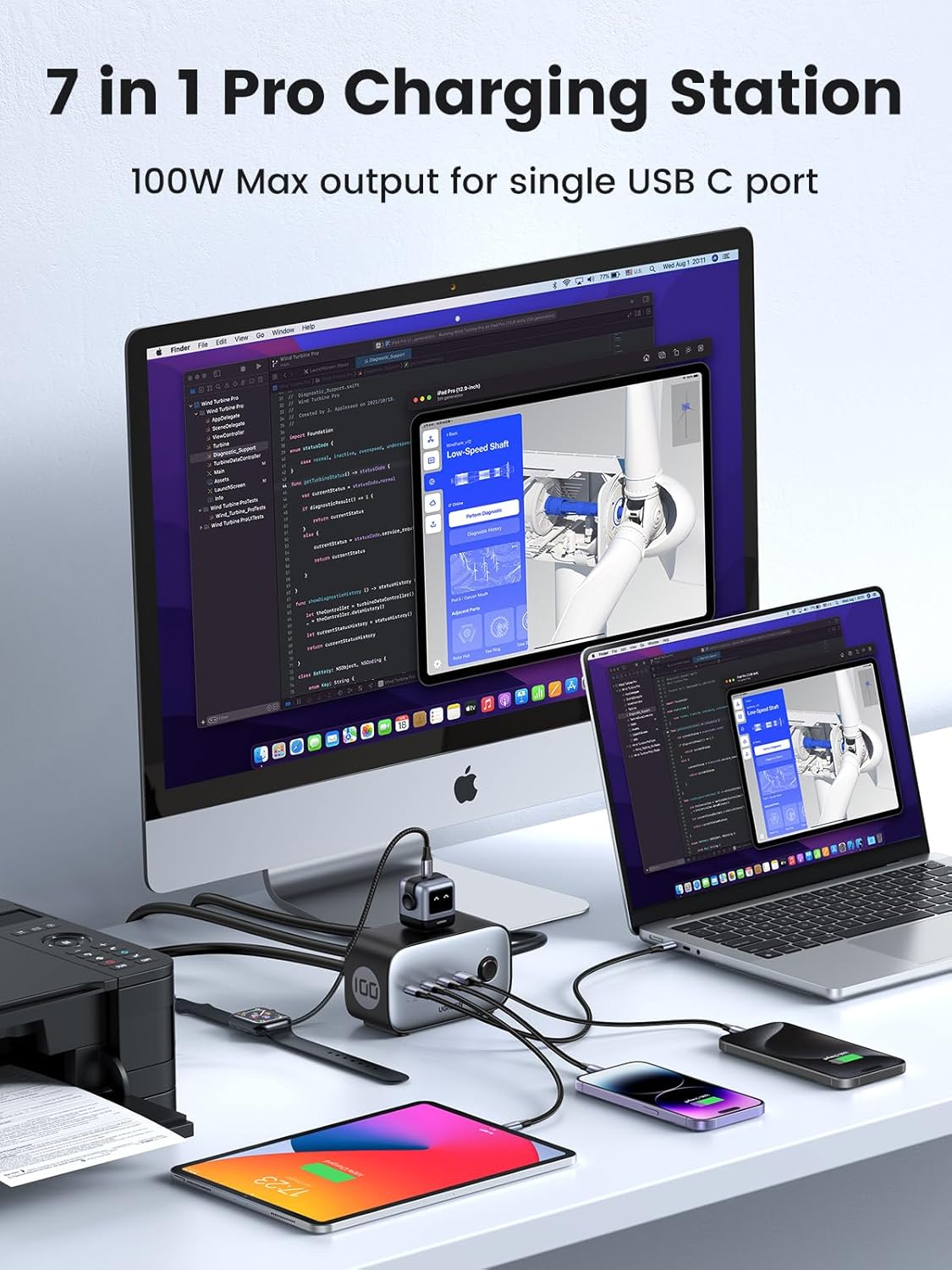 محطة شحن يوجرين ١٠٠ واط USB-C مع منفذ تيار متردد، شريط طاقة Nexode ٧ في ١ GaN للمنزل والمكتب، مع ٣ منافذ تيار متردد، ٣ منافذ USB C ومنفذ USB A، سلك تمديد بطول ٦ أقدام، أسود
