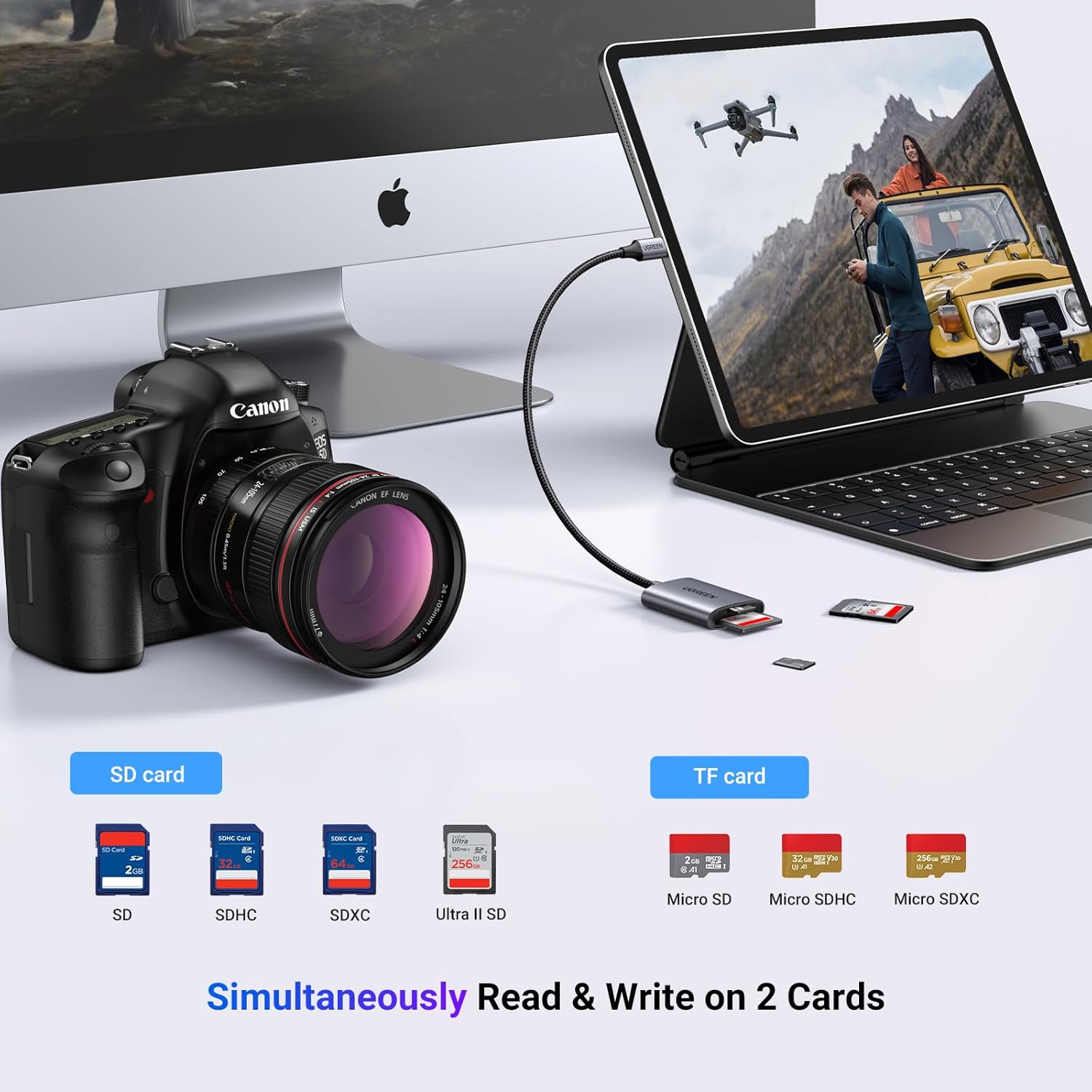 قارئ بطاقات UGREEN USB C SD، قارئ بطاقات ذاكرة Micro SD 2 في 1 لـ TF SD Micro